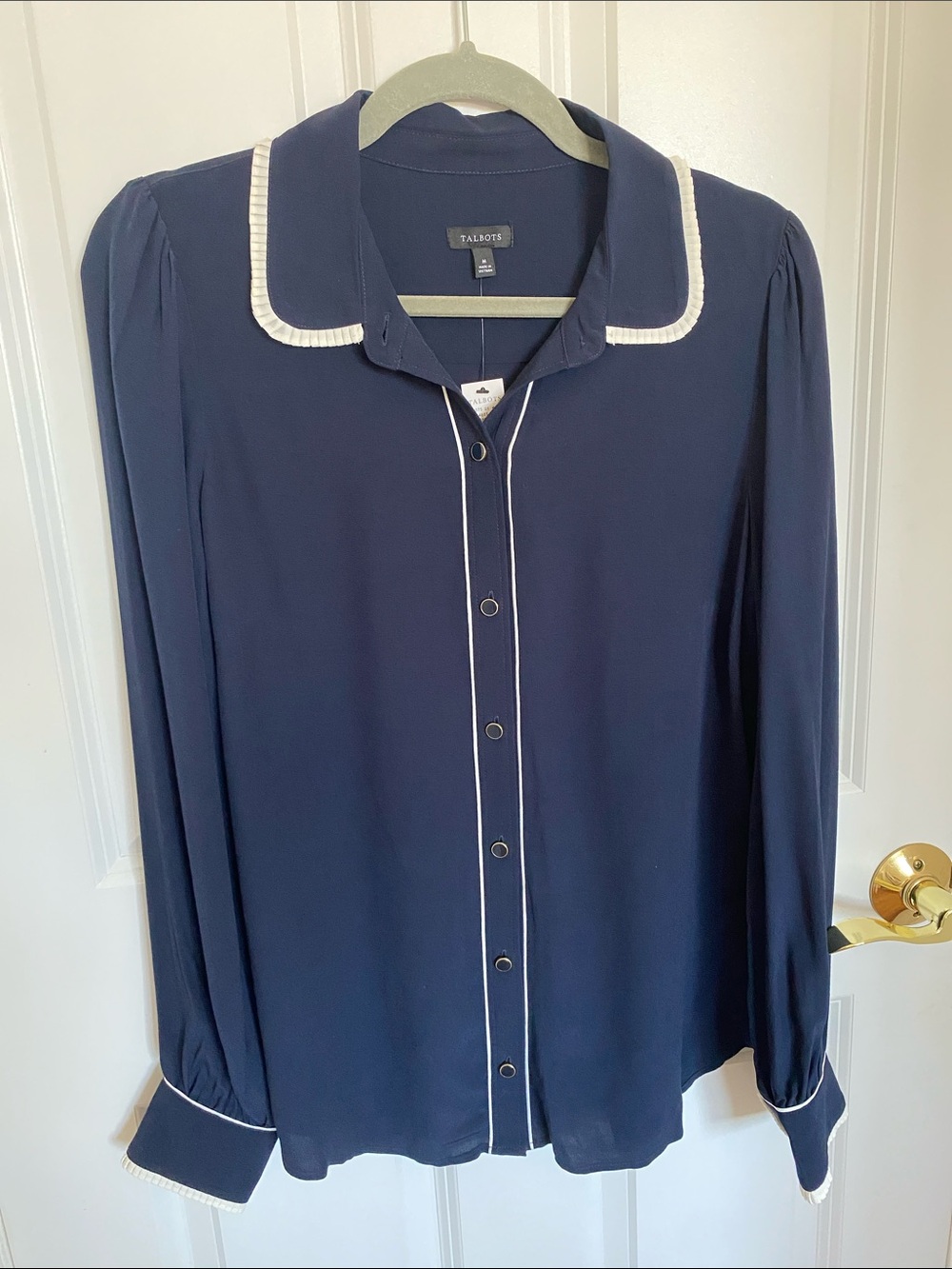 NWT Talbots Navy Blue Viscose Button-Up Shirt with White Ruffle Piping Size M